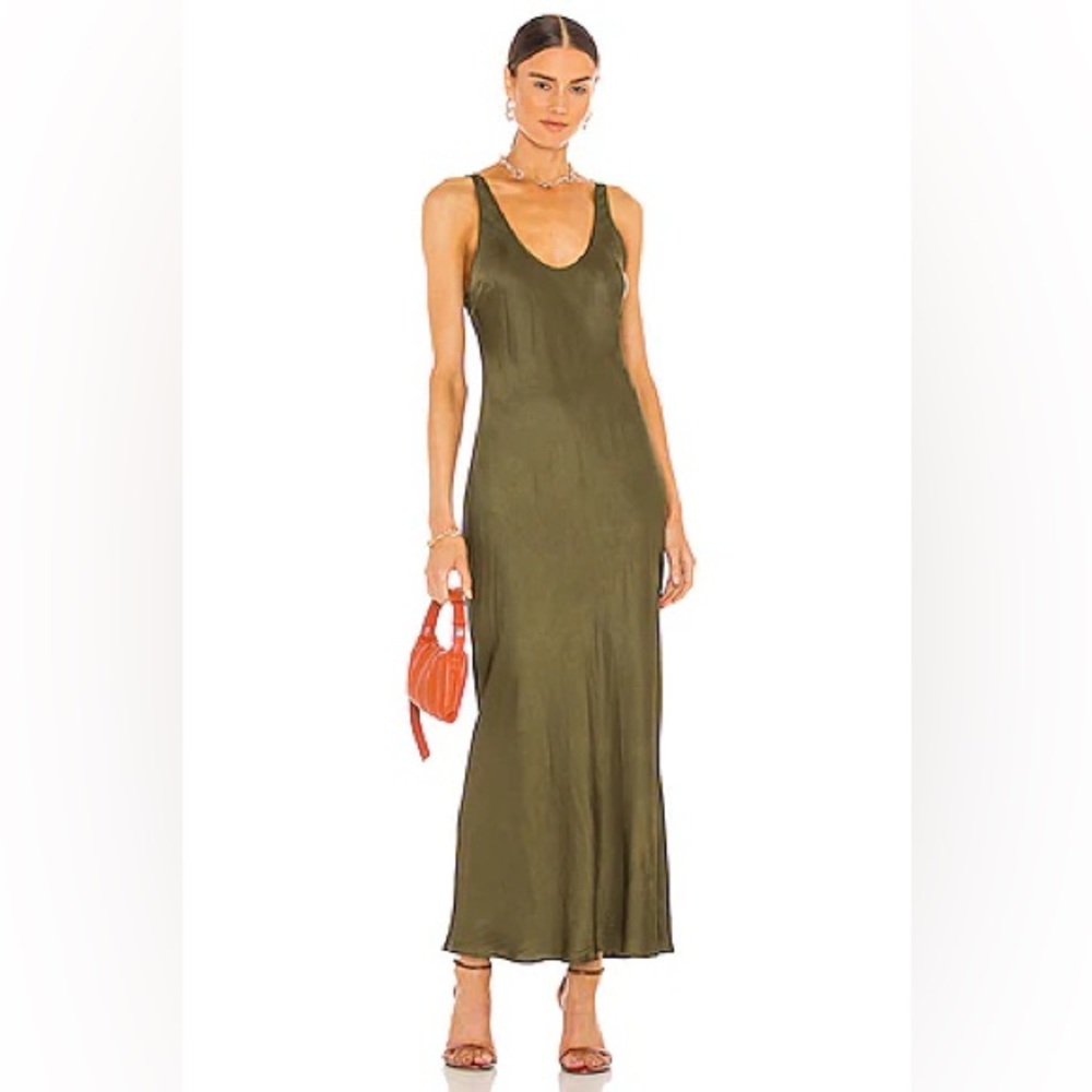 L'AGENCE Akiya Scoopneck Maxi Satin Dress in olive green